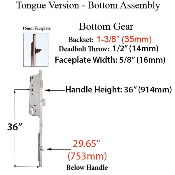 Hoppe Multipoint 16mm Manual 35/92 Gear with Tongue, 1" Deadbolt & 36" Handle Height-Countryside Locks