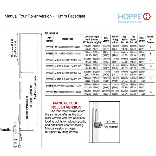 Hoppe Multipoint Lock 16MM Manual 4 Roller Top Extension, Rollers At 15.75" And 31.50"-Countryside Locks