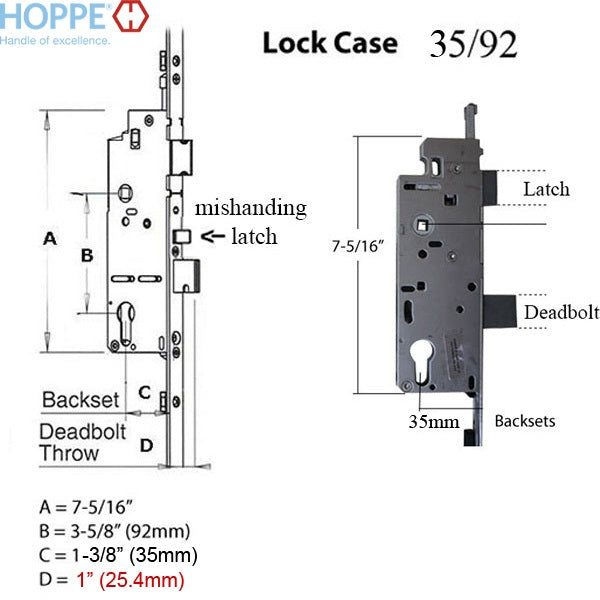 Hoppe Multipoint Lock 16MM Manual 4 Roller Gear, 35/92, Rollers @15.75 & 29.53", 1" D/B-Countryside Locks
