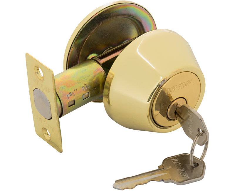 Tuff Stuff Single Cylinder Deadbolt, Polished Brass Heavy Duty US3 .Backset Adj-Countryside Locks