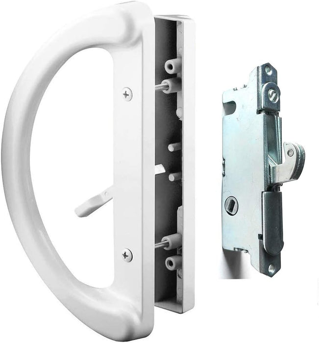 Patio Door Handle Set With Mortise Lock 45° Perfect Replacement for Sliding Glass Door Fits 3-15/16” Screw Hole Spacing, Non-keyed with Latch Locks,White Diecast,Reversible Design(Non-Handed)-Countryside Locks