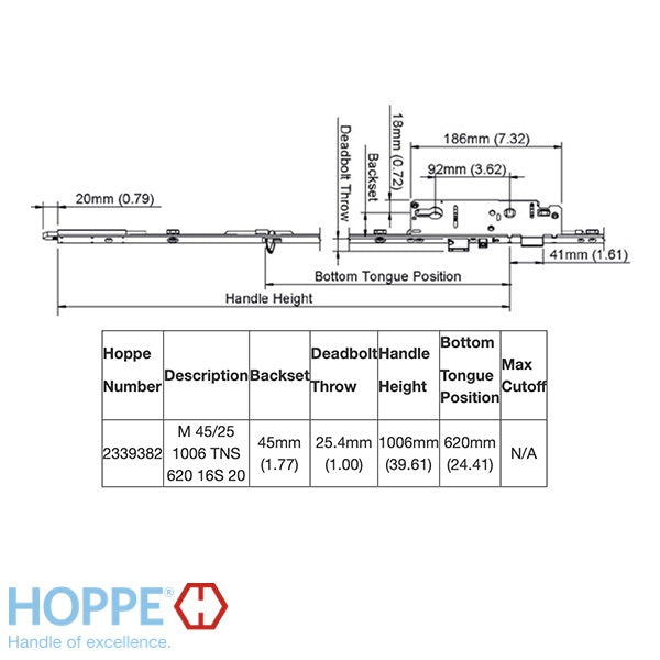 Hoppe Multipoint Lock 16MM Manual Tongue-Shootbolt 45/92 Gear, Tongue @ 24.40", 39.62" Handle Height-Countryside Locks