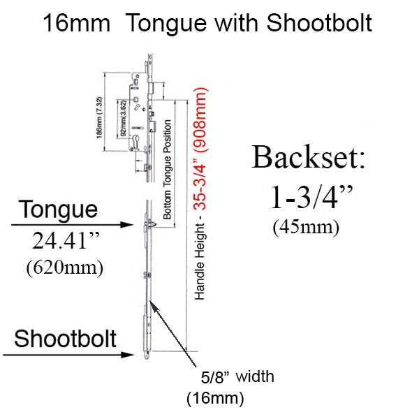 Hoppe Multipoint 16MM 45/92 Shootbolt With Tongue @ 24.41, 35-3/4" HH, 1" Deadbolt-Countryside Locks