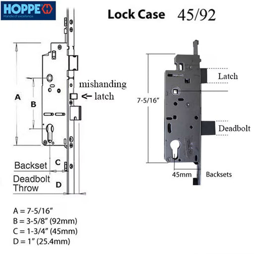 Hoppe Multipoint Lock 16mm Manual Tongue 45/92 Gear, 37" Handle Height, Tongue at 26.42" Deadbolt 1"-Countryside Locks
