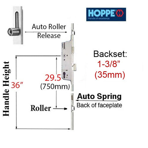 Hoppe Multipoint Lock 16MM AUTO GEAR, 35/92, ROLLER @ 29.53", 1/2" D/B-Countryside Locks