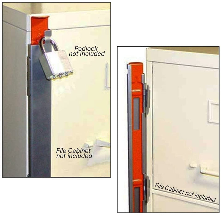 File Cabinet Locking Bar, Reversible, 5-Drawer, Spring Open Action, 56" Length, Powder Coated Steel, Silver Cover, Bright Orange Slide-Countryside Locks