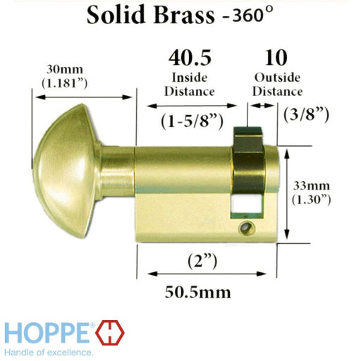 40.5/10 Hoppe 360° Non-Logo Non-Keyed Euro Cylinder - Polished Brass-Countryside Locks