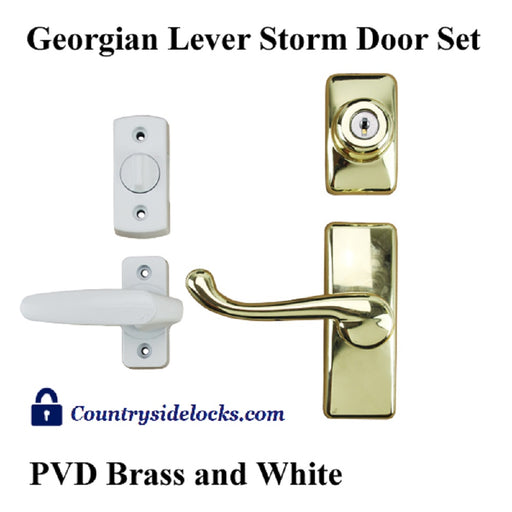 CS Lock GEORGIAN STORM DOOR LEVER HANDLE SET & DEADBOLT- WHITE INSIDE / BRASS-Countryside Locks